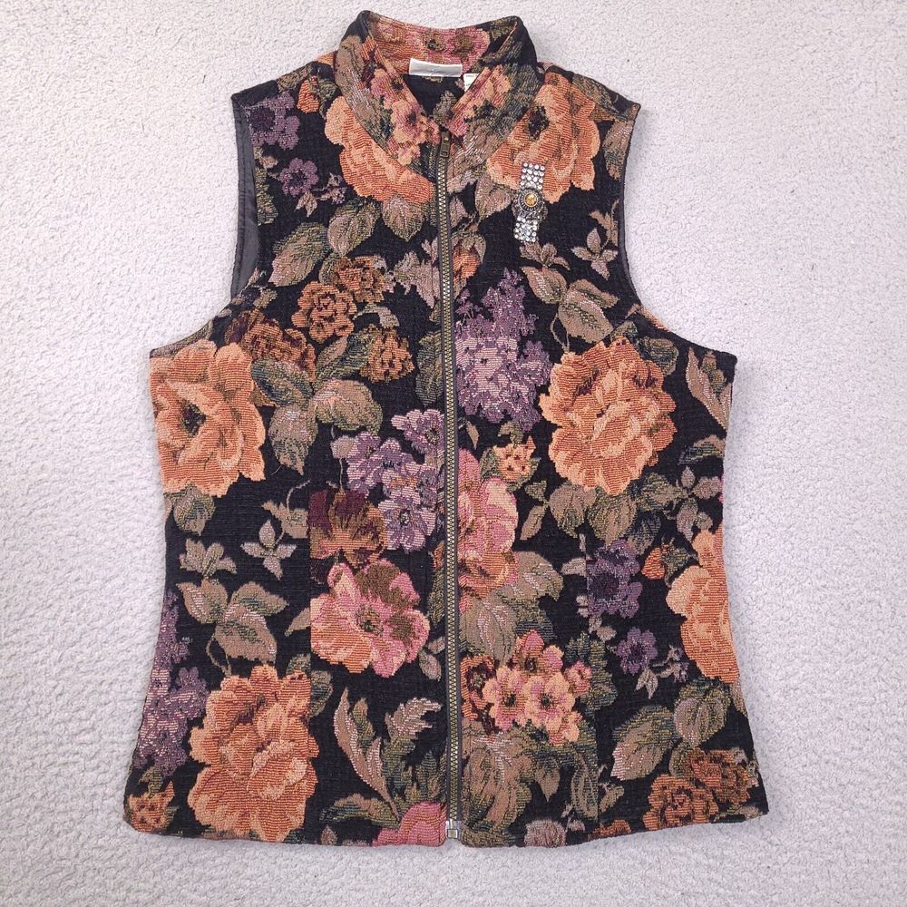 Vintage White Stag Tapestry‎ Vest Womens Size Large Floral Full Zip Grannycore